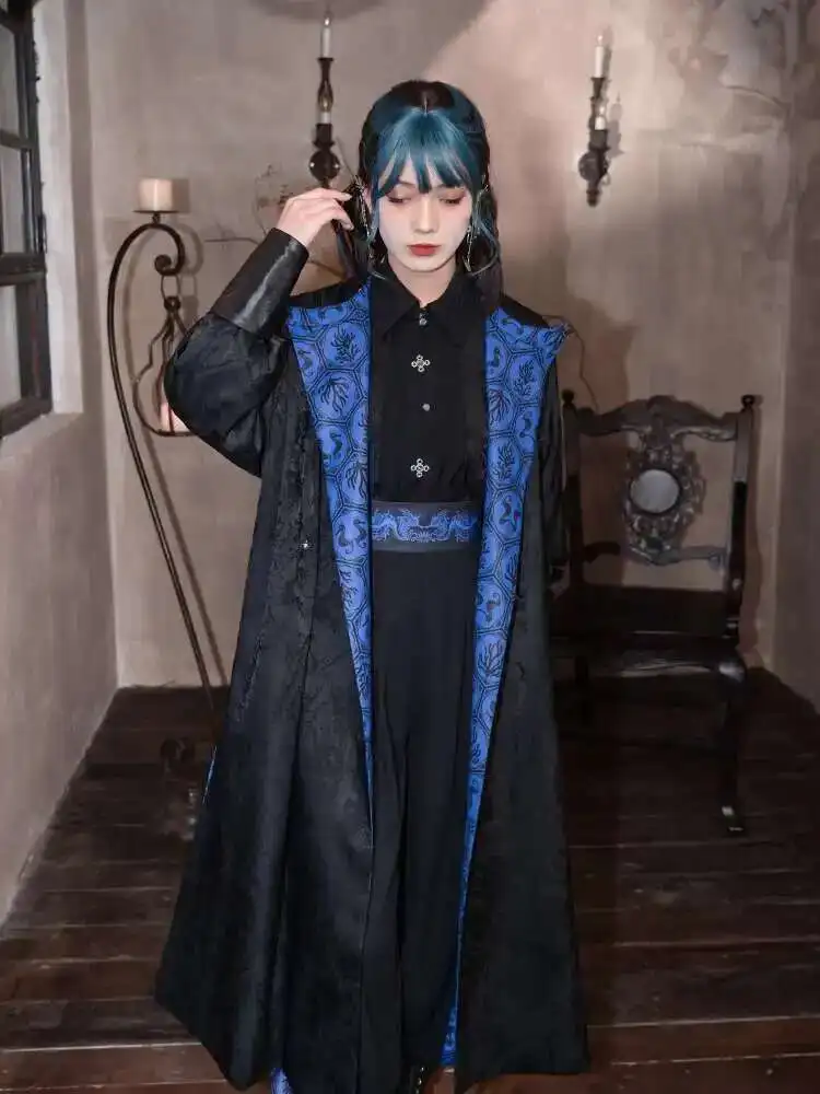 New Chinese Style National Style Han Elements Improve Wear On Both Sides Hanfu Round Neck Robe Printing Long Coat Black Blue