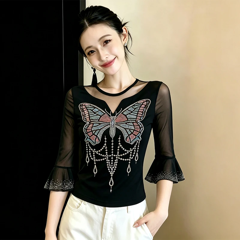 MadBlack-Women European T-Shirt, Sexy O Neck Diamond, Hotsweet Butterfly Sleeve Slim Mesh M-3XL Tee, 2026 Autumn New T68641CC