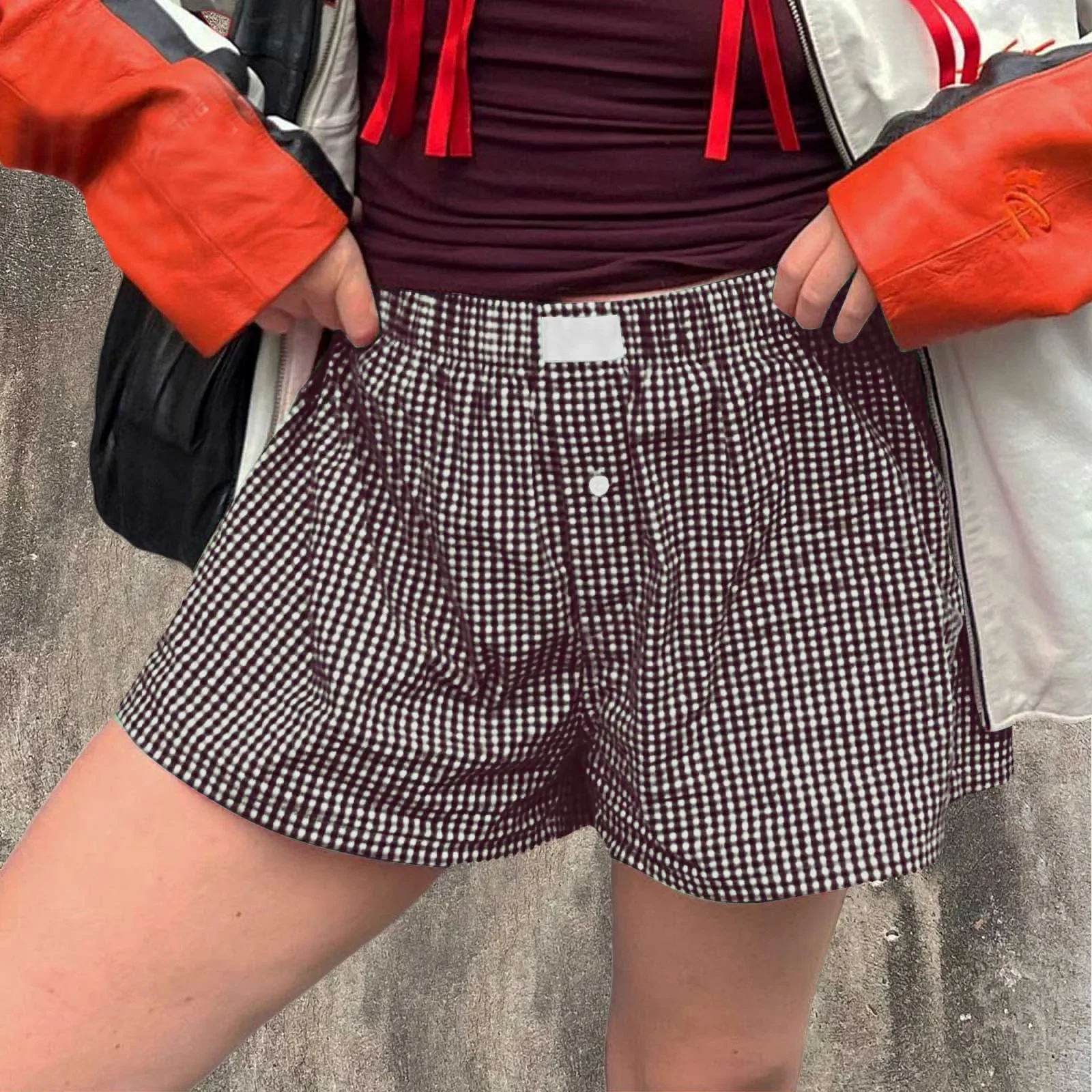 Women’s Plaids Shorts Casual Elastic Low Waist Button Front Lounge Shorts Streetwear Retro Soft Loose Flared Short Pants