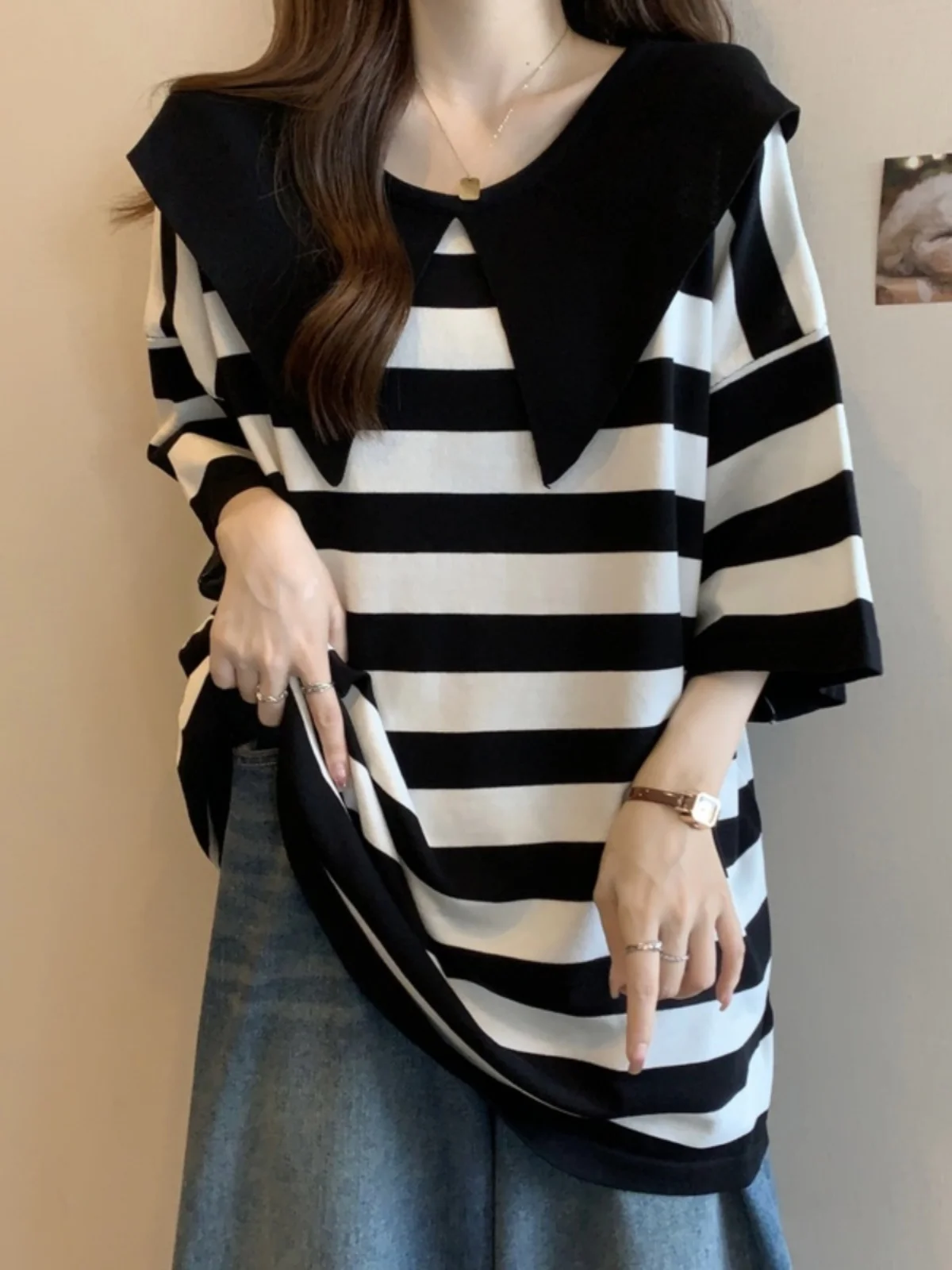 Ice Silk Knitted T-Shirt Women Summer Large Size Flattering Slimming Midi Length Butt Covering Top Doll Collar Short Sleeve
