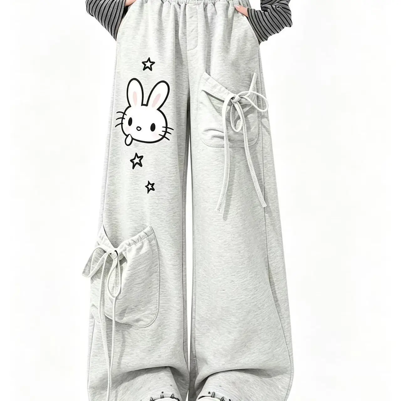 Preppy Kawaii Women Wide Leg Pants Cartoon Rabbit Star Print Bow Big Pockets Elastic High Waist Loose Casual Streetwear Trousers