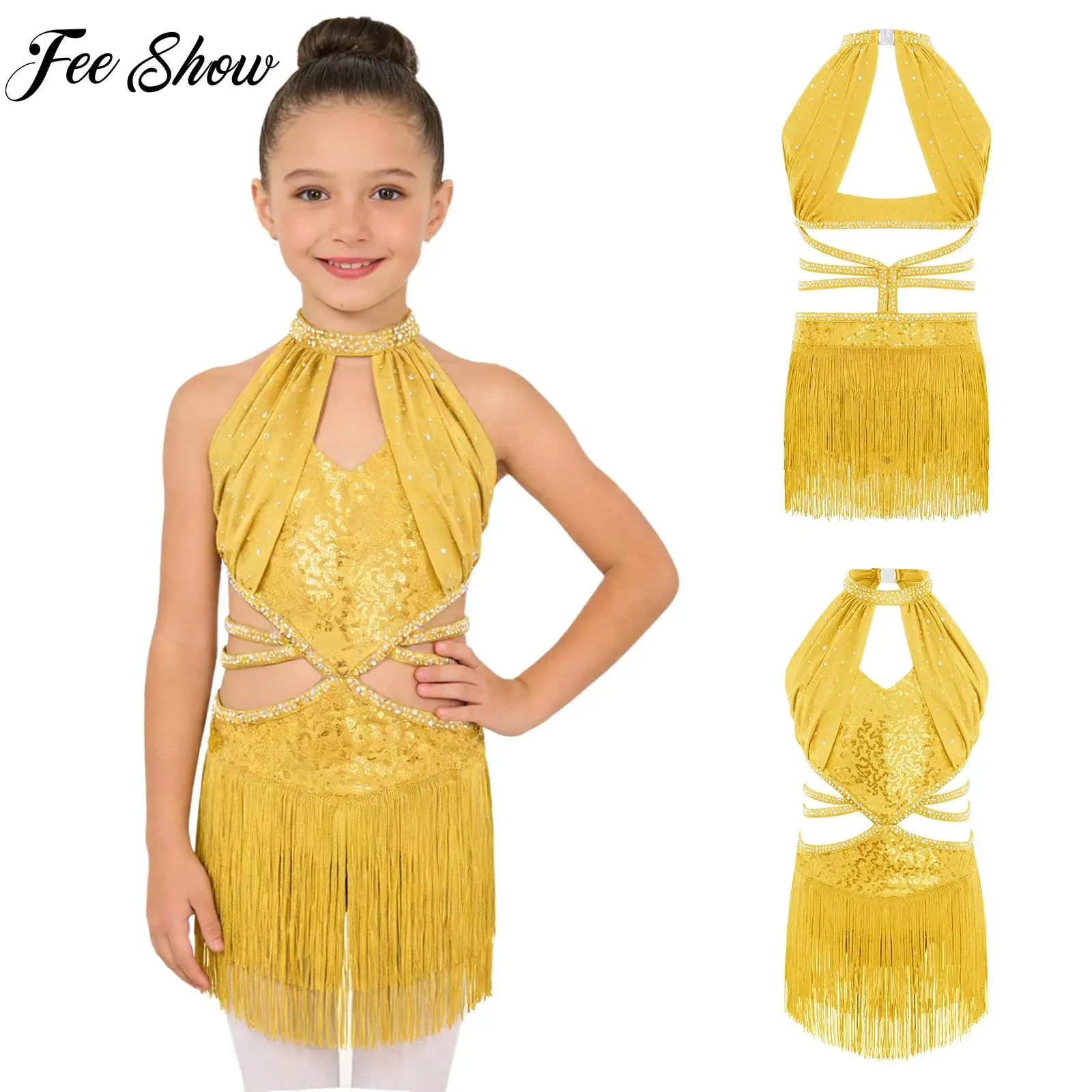 Girls Sequin Latin Jazz Dance Costume Kids Sleeveless Cutout Strappy Waist Tassel Rhinestone Leotard Party Performance Dancewear