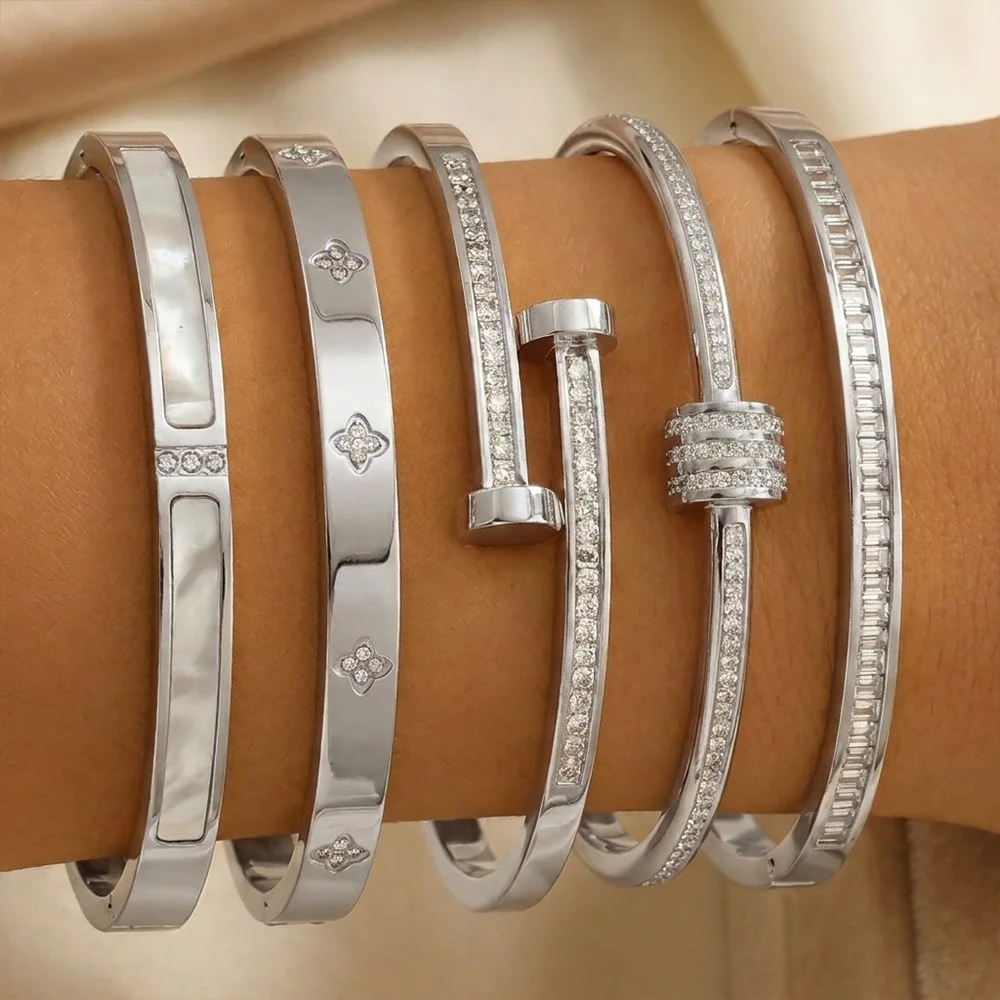 Stainless Steel CZ Bangle Bracelet for Women Luxury Silver Plated Clover Open Cuff Bangles Waterproof No Fade Jewelry Gifts