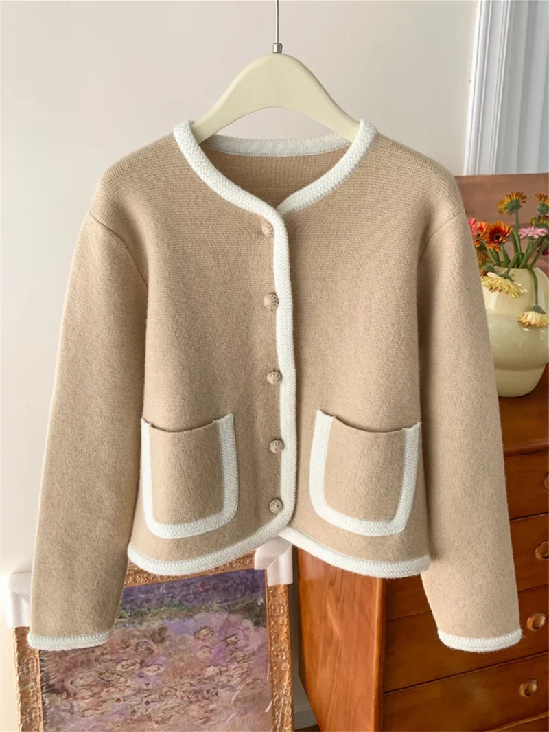 Jacket for Ladies 2024 New Spring Contrast Color Round-Neck Single-Breasted Casual Long-Sleeved Coat