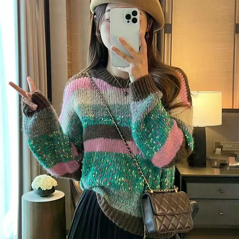 

Осень-зима модный ретро полосатый свободный повседневный вязаный свитер с круглым вырезом и длинными рукавами для женщин