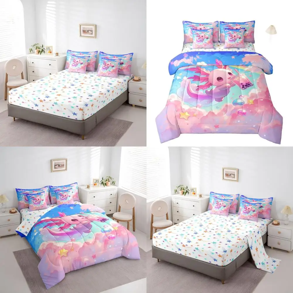 

Twin Size Axolotl Galaxy Bedding Set for Kids, 7-Piece Cartoon Animal Bed-in-a-Bag with Rainbow Decor