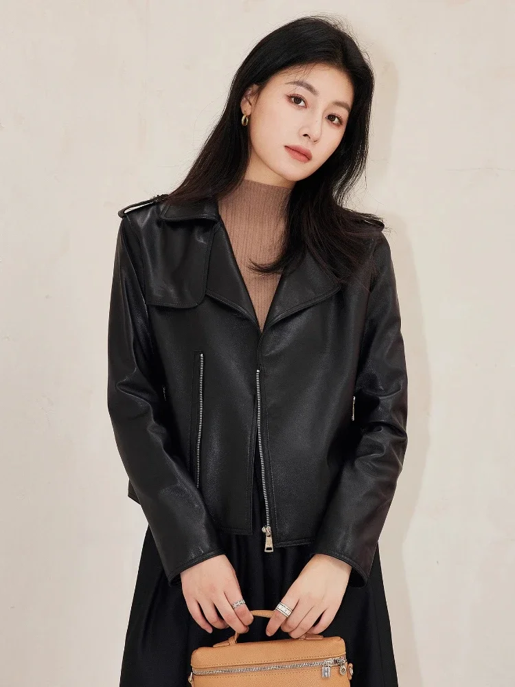 

Retro Short Genuine Leather Motorcycle Jackets for Women Spring Autumn 2026 New High-end Simple Slim Black Real Sheepskin Coat