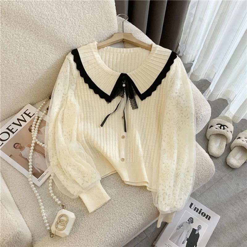 Women Black Goth Knit Cardigan Sweater Harajuku 2000s Vintage Y2k Lace Patchwork Long Sleeves Peter Pan Collar Sweaters Clothes