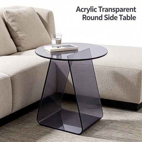 Side Table Acrylic Transparent Round End Table, Modern Nightstand with Triangle Support Frame, 15.7" Diameter 17.7" Height No Assembly Required