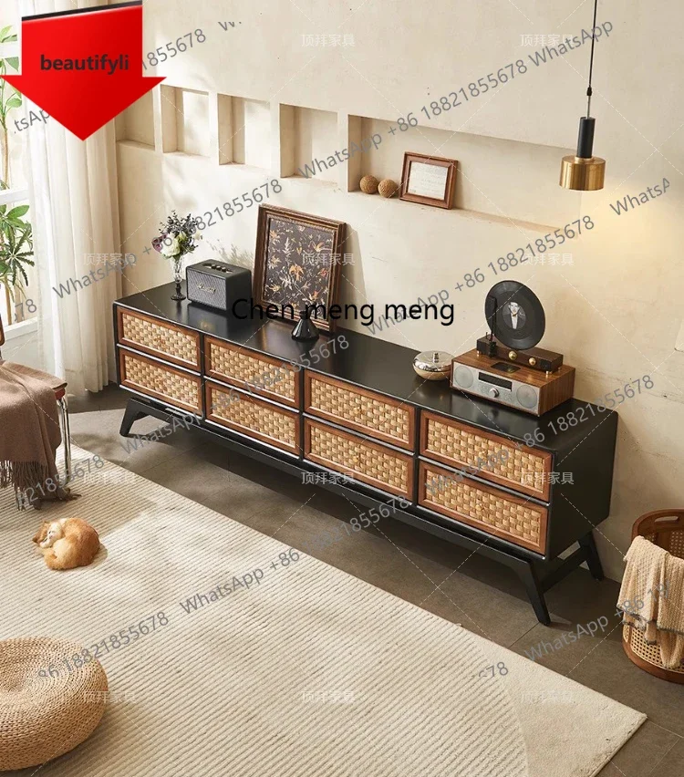 

Q181 Medieval style floor-to-ceiling solid wood TV cabinet creative rattan household storage low cabinet retro TV cabinet