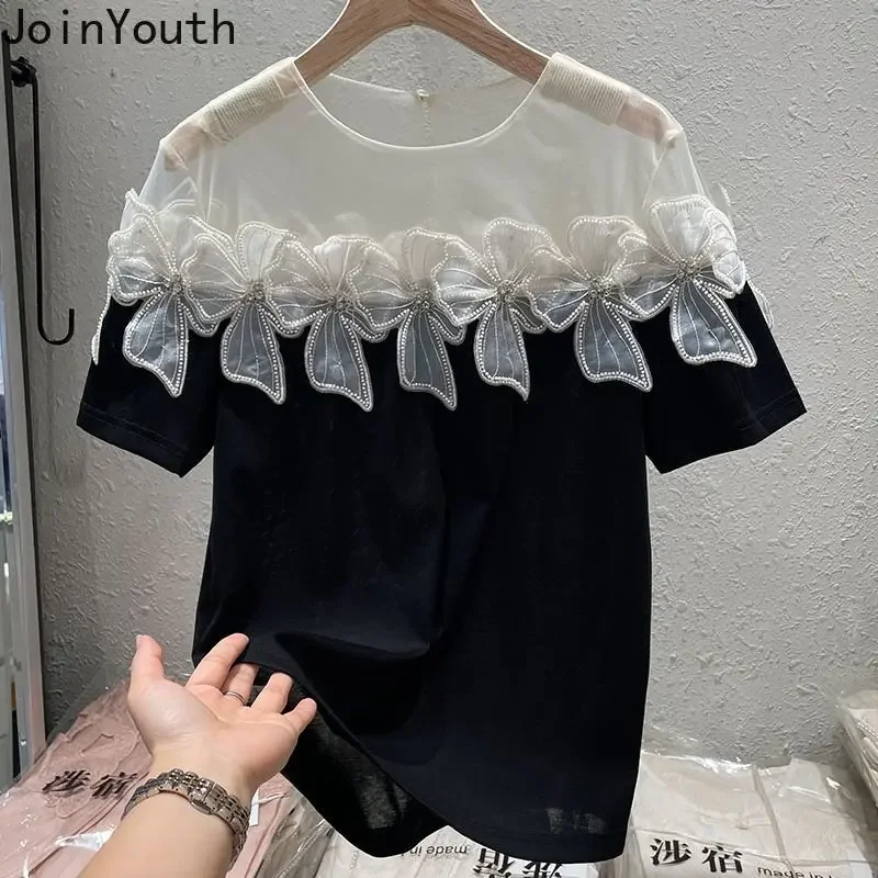 2023 Ropa Mujer Summer Tshirts for Women Elegant Blouses Short Sleeve Tees Patchwork Gauze Bead T Shirt Vintage Oversized Tops