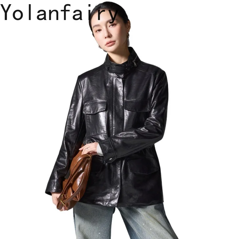YOLANFAIRY Luxury Waxed Sheepskin Genuine Leather Jacket Women Stand Collar 100% Real Eather Coat Elegant Woman Trench Coats