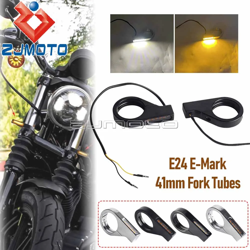 

E24 E-Mark Motorcycle LED Turn Signals Light 41mm Front Fork Tubes Clamp Blinker 12V Indicator Universal For Yamaha Harley Honda