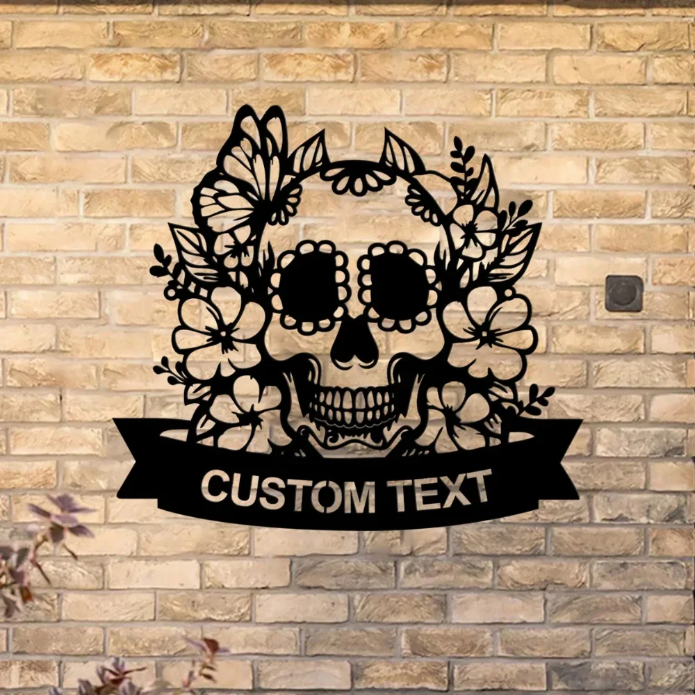 Letrero de Metal con calavera de azúcar personalizado, placa de nombre familiar, placa de dirección, decoración de pared de cueva para hombre, pieza única de decoración del hogar