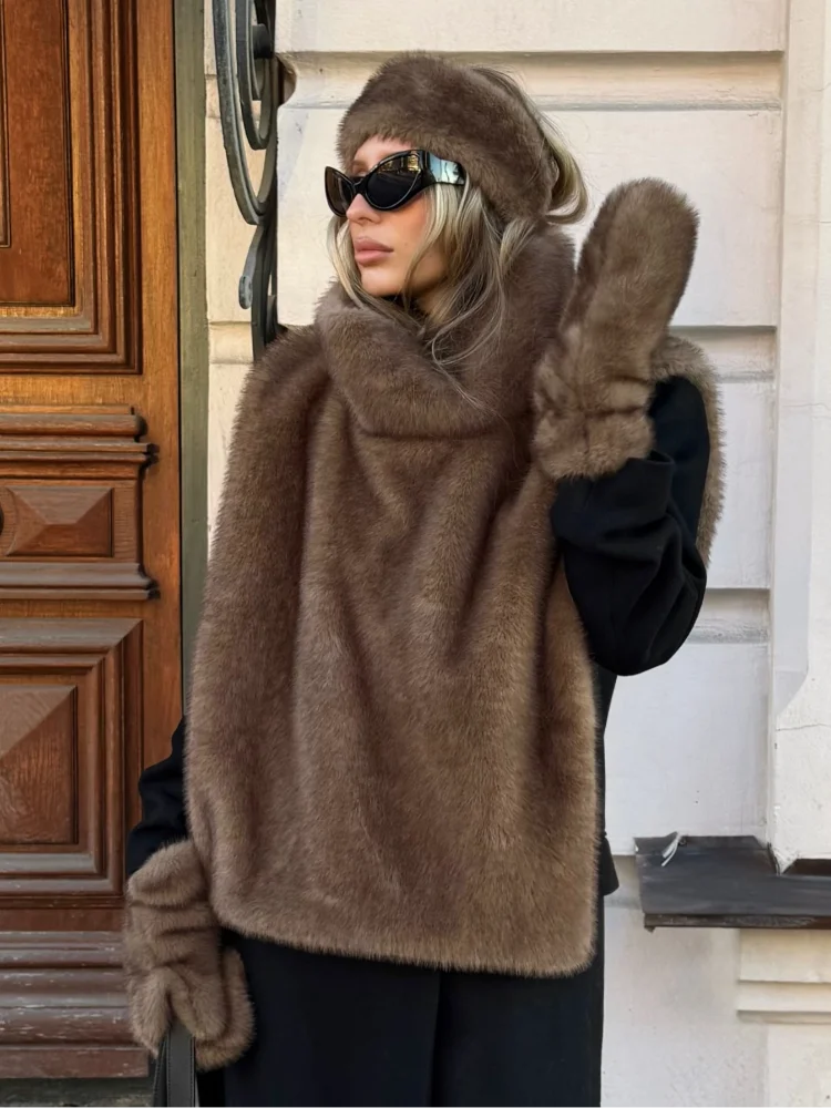 سترة نسائية فاخرة غير رسمية من الفرو الصناعي فضفاضة تناسب أكمام شتوية دافئة صدرية عالية الشارع موضة السيدات ملابس خارجية سميكة أنيقة