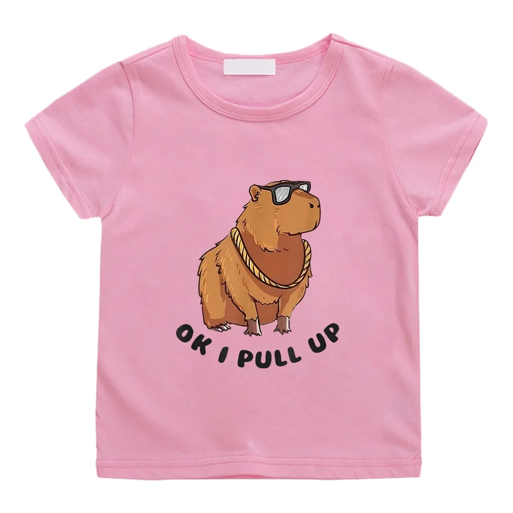 

Capybara OK I PULL UP Graphic Printing Summer Cartoon Tee-shirt 100% Cotton Boys Girls Kawaii Tshirts Soft T-shirt Children
