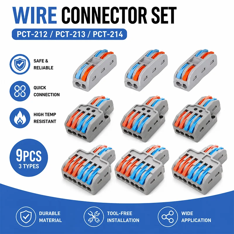 9pcs Compact Splicing Wire Connectors Assortment Pack Lever Connector Kit, Quick Wiring Connector for AWG 28-12