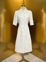 HIGH QUALITY Luxury Designer Autumn Women Cotton Blend  Elegant Tweed Shirt Midi Dress Short Sleeve In White Runway Fashion 2024