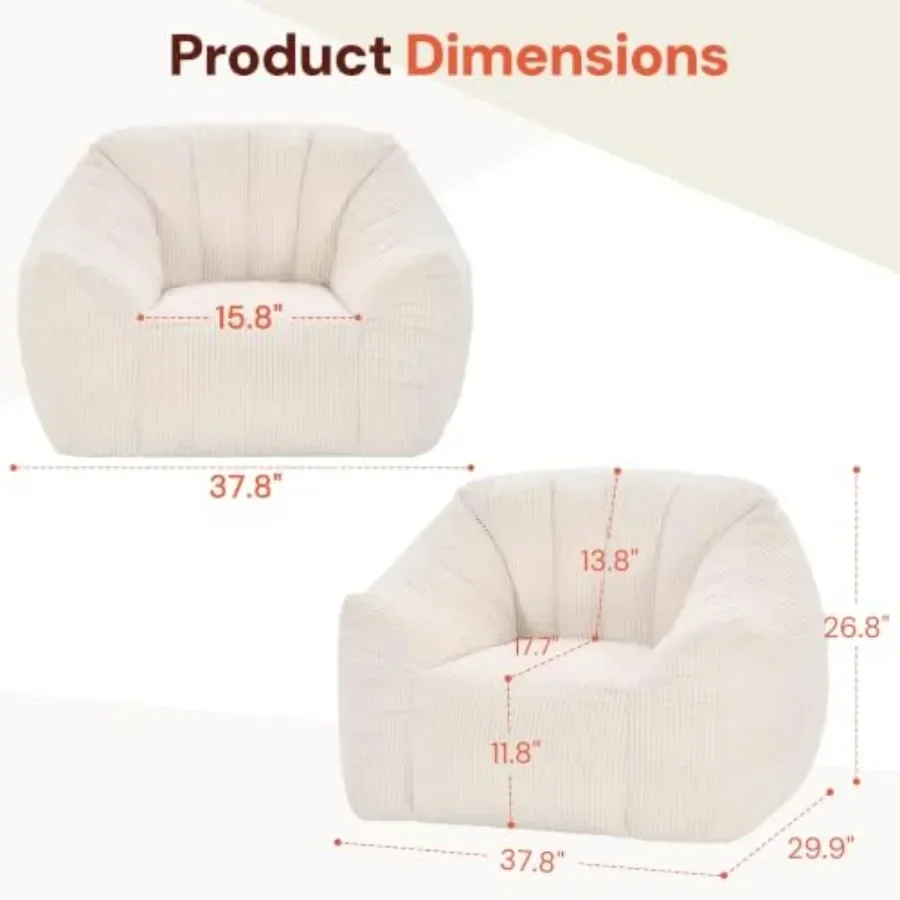 Giant bean bag chair for adults and teens in corduroy fabric, beige color, with ergonomic back support, armrests, and premium f