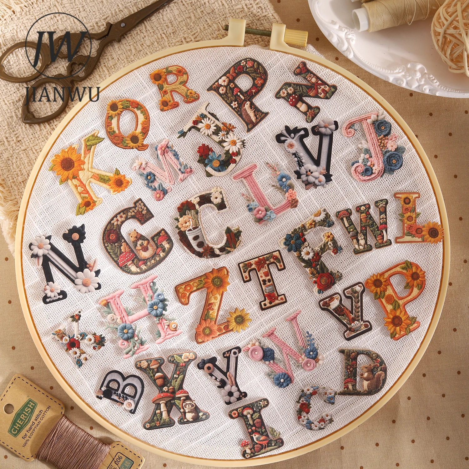 JIANWU Alphabet Weaving Series Vintage Flower Embroidery Number Landscape Material Collage Sticker Creative Journal Stationery