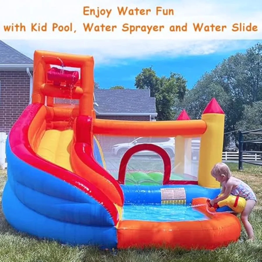 Toboggan aquatique gonflable pour maison de rebond – Parc aquatique d'arrière-cour pour enfants avec toboggan, piscine (poisson à balles), et décharge de seau pour extérieur/intérieur