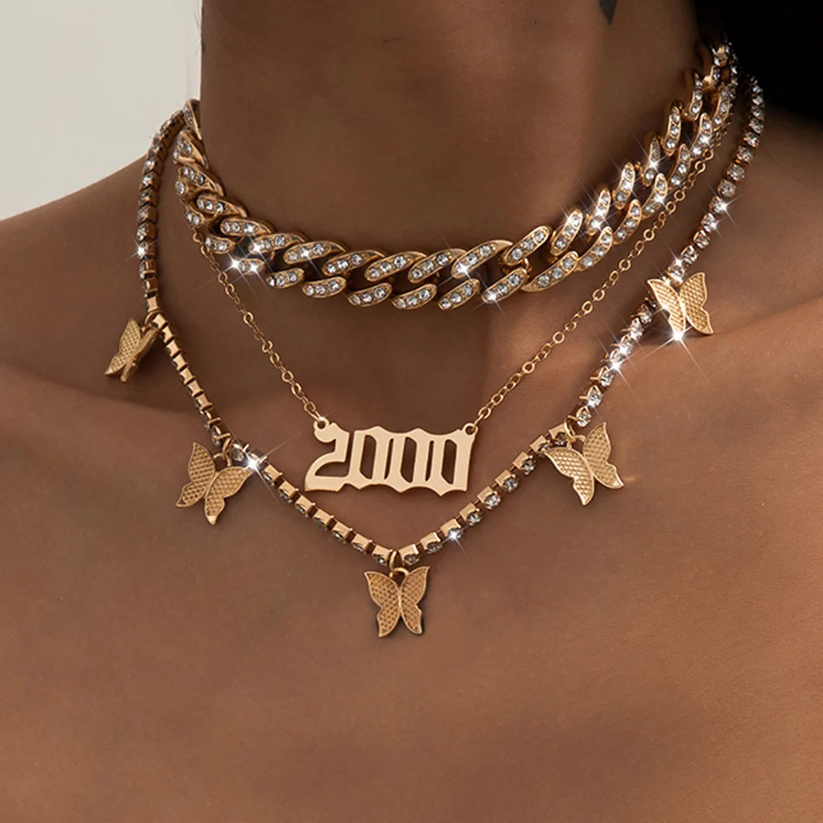 Accessories, Fashion Full Diamond Cuban Chain Necklace Women, Vintage Simple Digital Vintage Butterfly Necklace