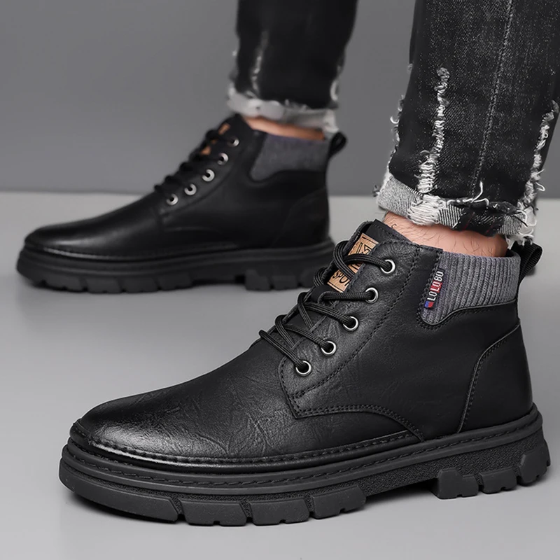 

2025 New Winter Men's Shoes Men's Soft-soled Casual Cotton Shoes Leather Shoes Plus Velvet Non-slip British Style Leather Boots