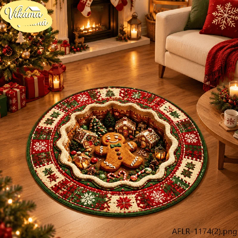 VIKAMA Christmas Cozy Fireplace Faux Wool Round Area Rug Non Slip Soft Floor Mat for Sunroom Dining Room Holiday Home Decor