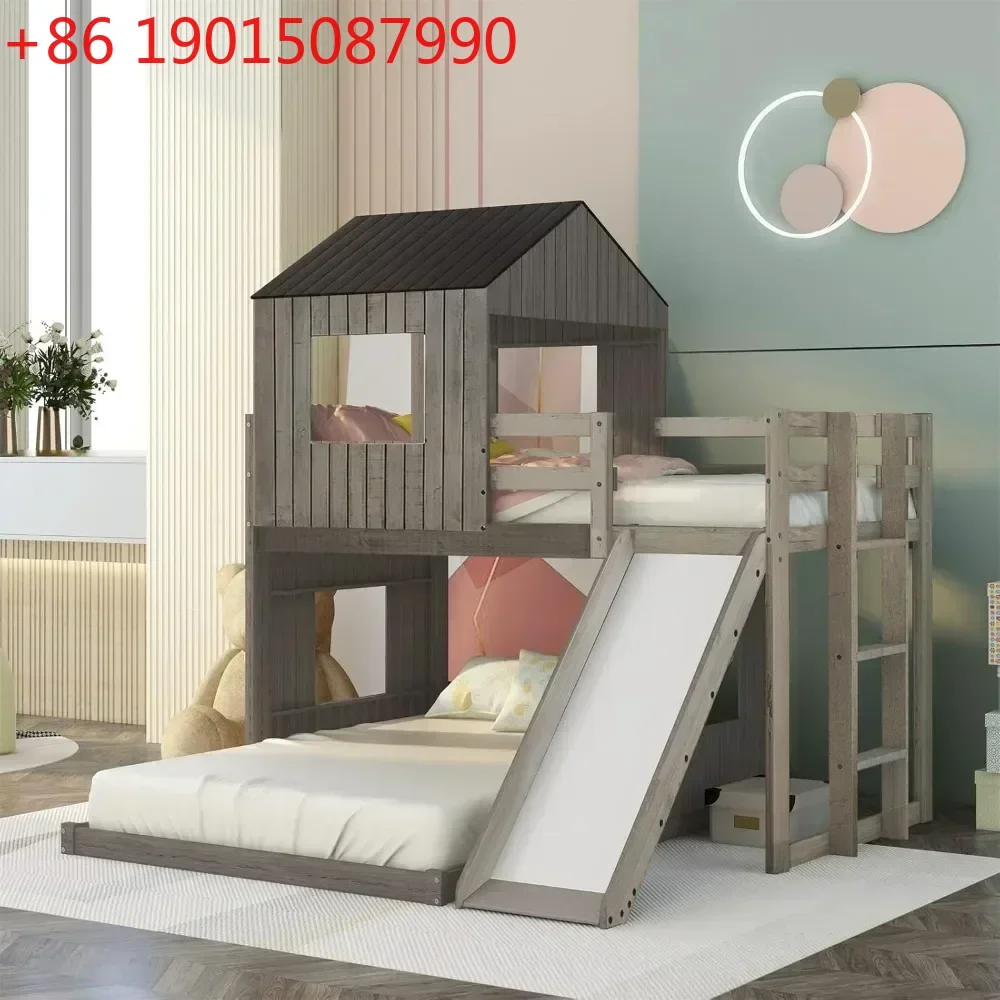 

Двухъярусная кровать для дома, односпальная над двуспальной, деревянная, с крышей и окном, состаренный серый цвет, с горкой