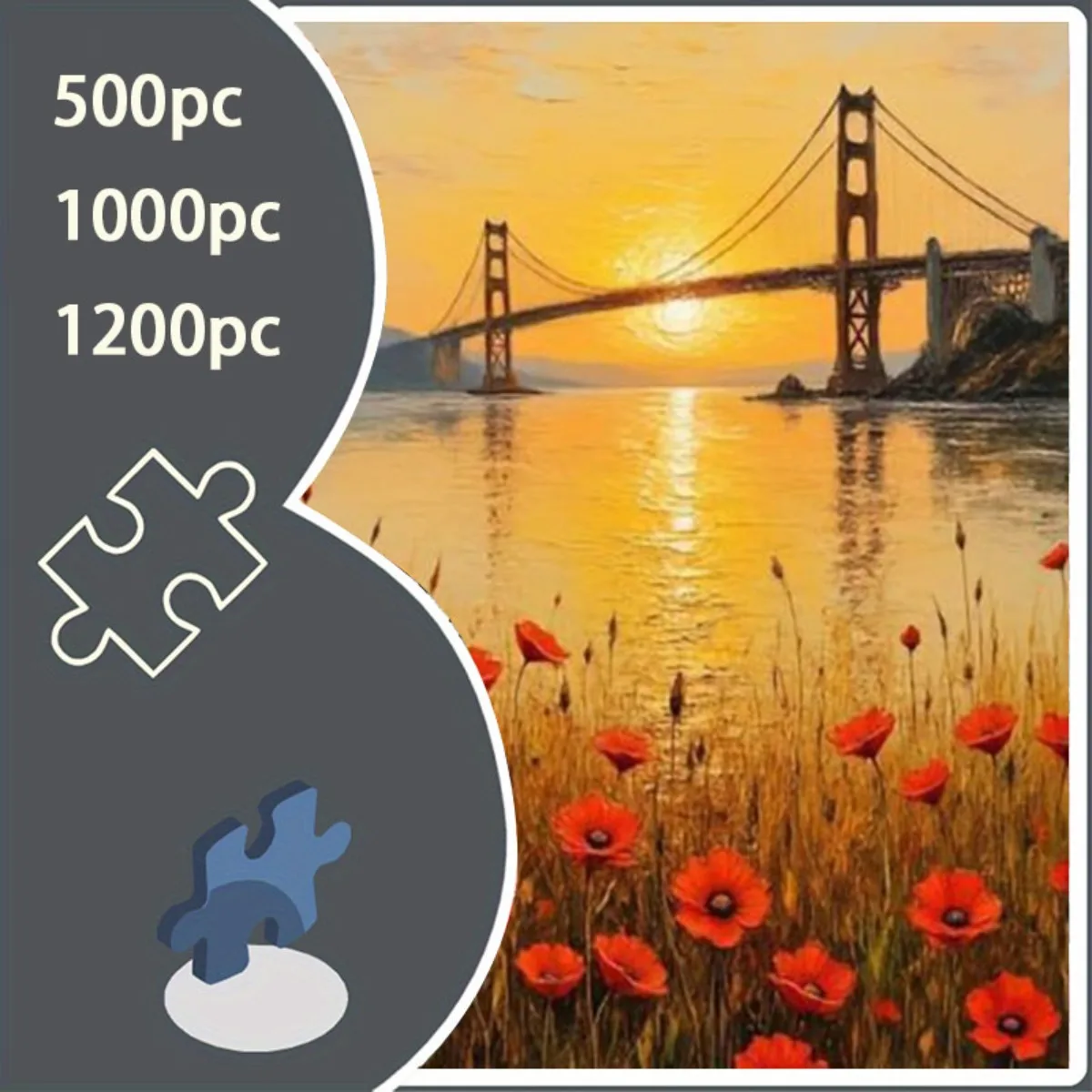 500/1000/1200ピース 大人＆家族向けジグソーパズル - ゴールデンゲートブリッジ、3Dポピー畑をモチーフにした大きな挑戦的な脳トレパズル