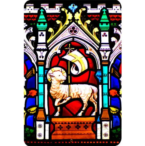 

Christian Tin Metal Sign 8x12 Jesus Lamb of God Stained Glass Flag Staff Art