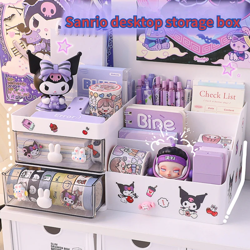 kawaii sanrio desktop caixa de armazenamento organizador de gaveta kuromi adesivos cremalheira de mesa caixas de armazenamento de papelaria bonito pen titular 01