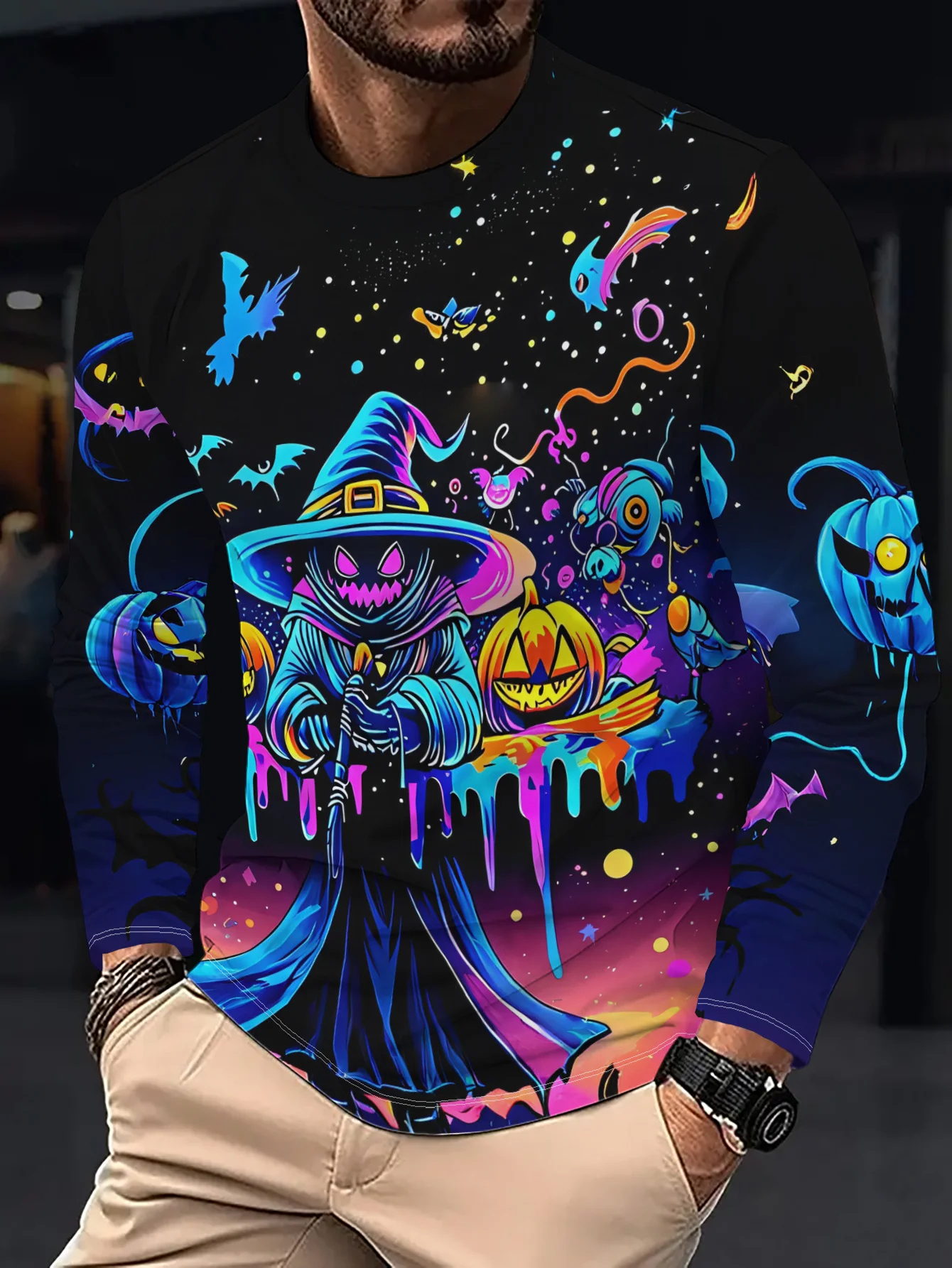 Men Long Sleeve T‑Shirt Neon Wizard Pumpkin Bat 3D Print Colorful Halloween Party Casual Street Top