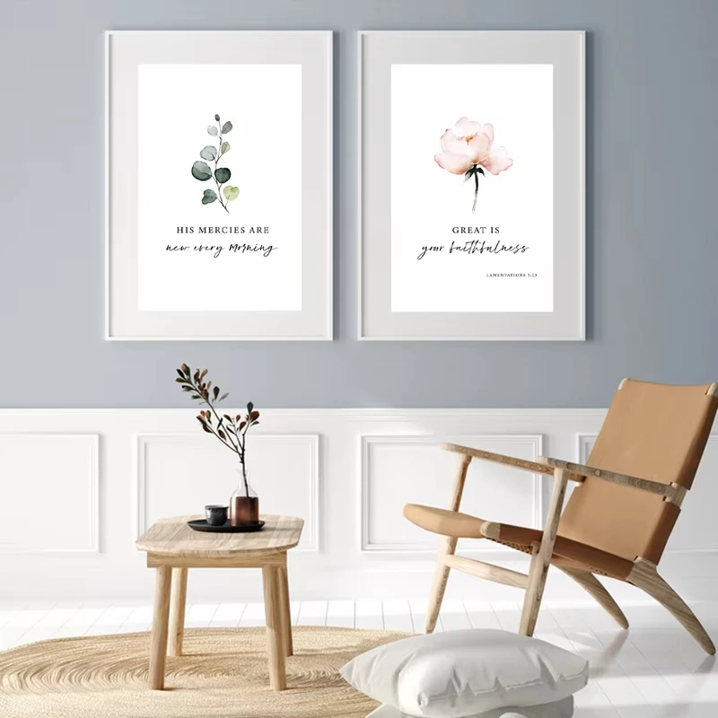 Lamentations 3:23 Bible Verse Watercolor Flowers Canvas Painting Scripture Quotes Posters Wall Art Pictures Bedroom Home Decor