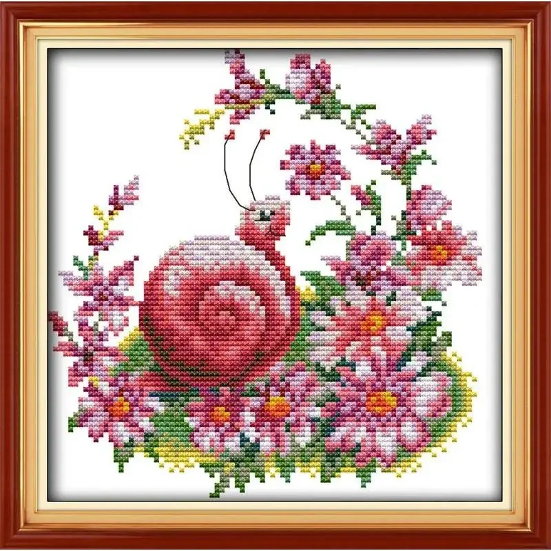 Joy Sunday Pre-printed Cross Stitch Kit  Easy Pattern Aida  Stamped Fabric Embroidery Set-A Snail and Beautiful Flowers