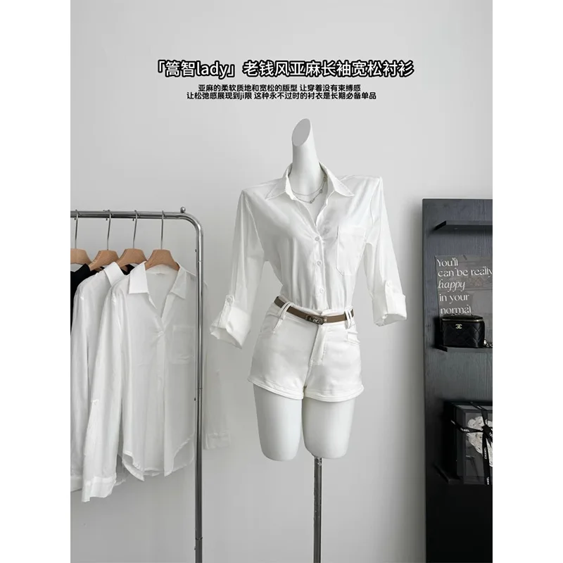 

2026 New Spring Autumn Women 100% Cotton Linen Long Sleeve Shirt Old Money Casual Loose Solid Color Blouse Office Fashion Tops