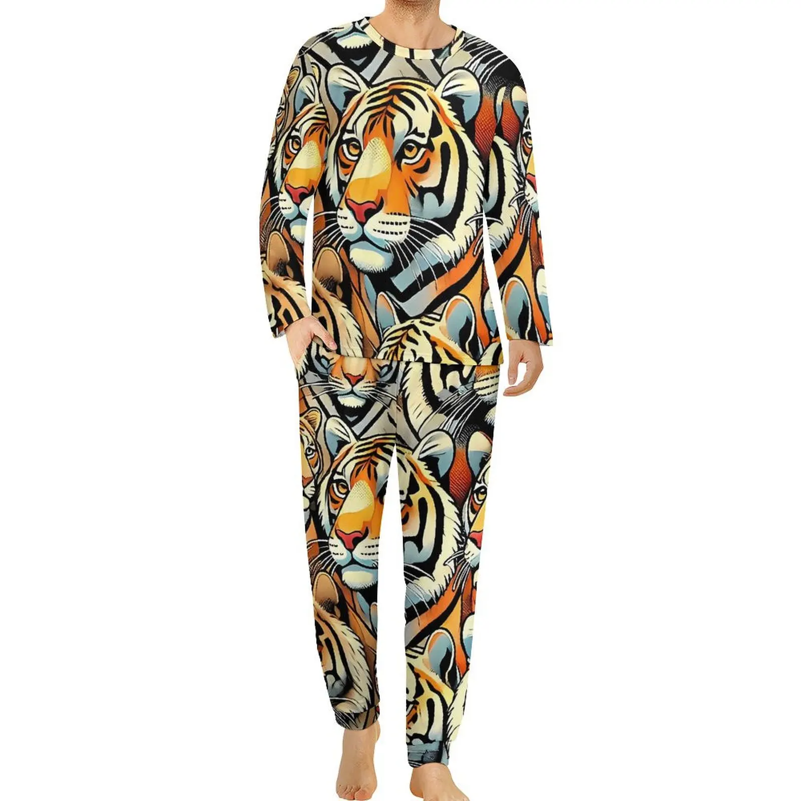 Pop Art Tiger Print Pajamas Long-Sleeve  2 Pieces Leisure Pajama Sets Spring Male Design Cute Oversized Home Suit