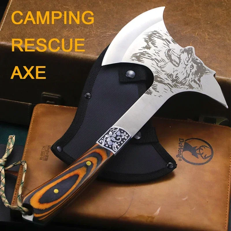 High hardness stainless steel outdoor Wolf-head axe camping solid wood handle fire logging axe multi-purpose defensive Wolf axe