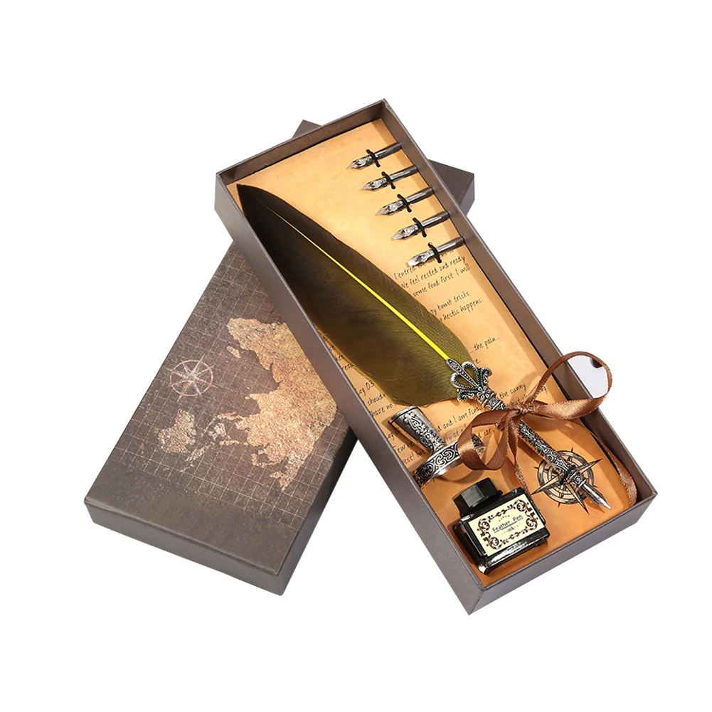 

Vintage Feather Dip Pen Multicolor Quill Fountain Pens Writing Ink Bottle Set Stationery Wedding Birthday Gift Box