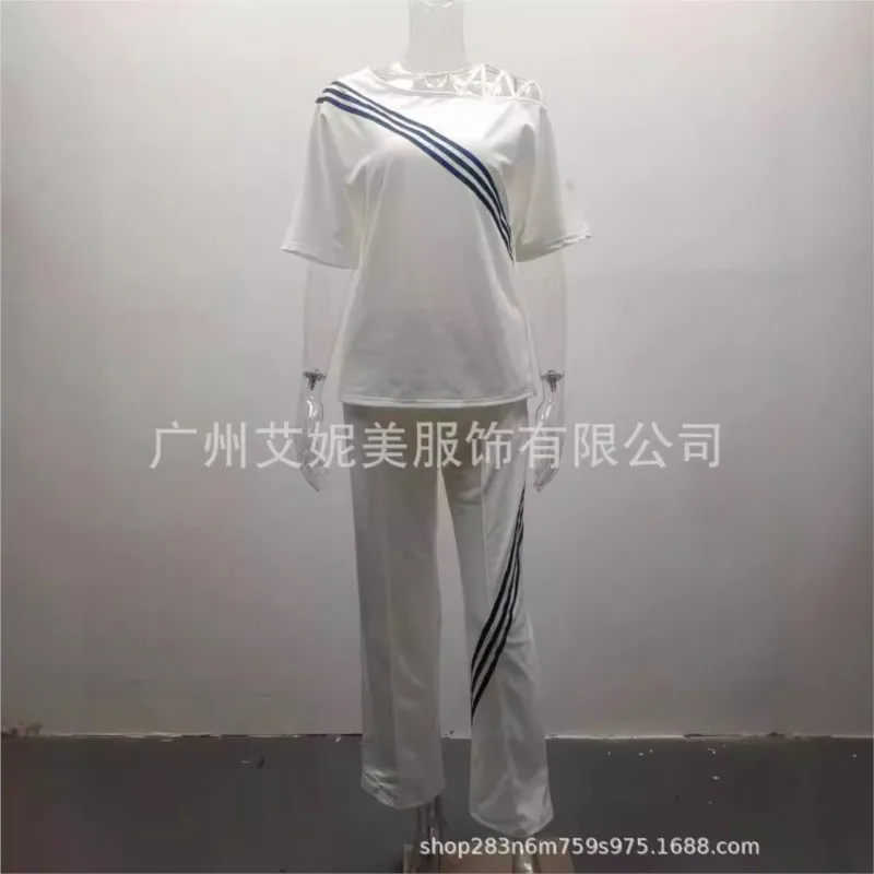 Autumn Fashion Casual Women Two Piece Set Half Sleeved Off-shoulder Oblique Neck Stripes Color-blocking Loose Sports Suit Female