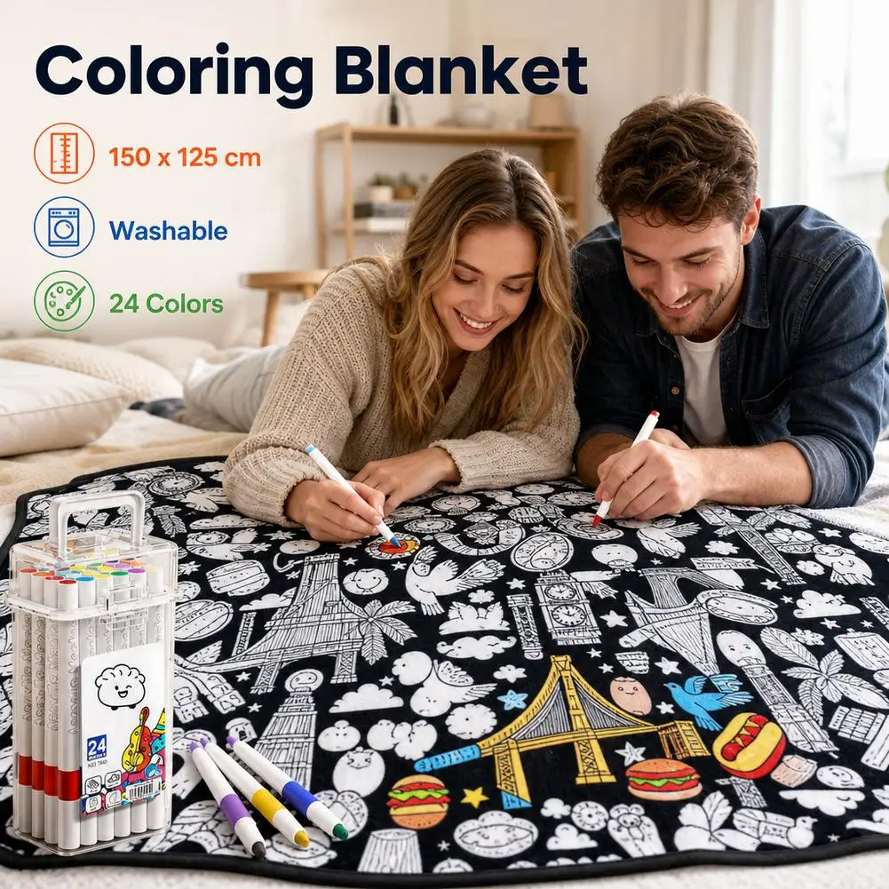 DIY Coloring Blanket 24 Acrylic Markers Floral Tapestry Washable Throw Fleece Art Craft Drawing Kids Adults Home Room Decor Gift