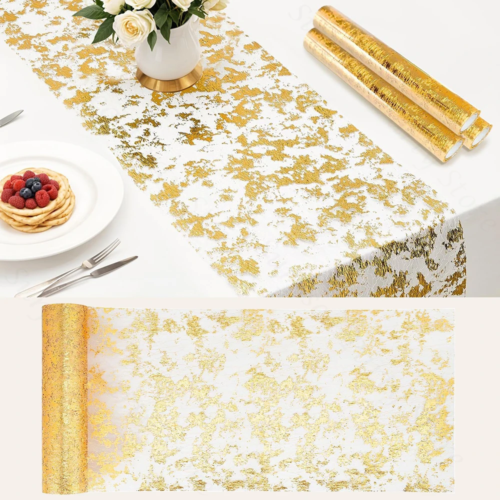 Glitter Metallic Gold Table Runner Sparkle Gold Thin Mesh Roll Foil Table Runner Wedding Bridal Shower Birthday Party Decoration
