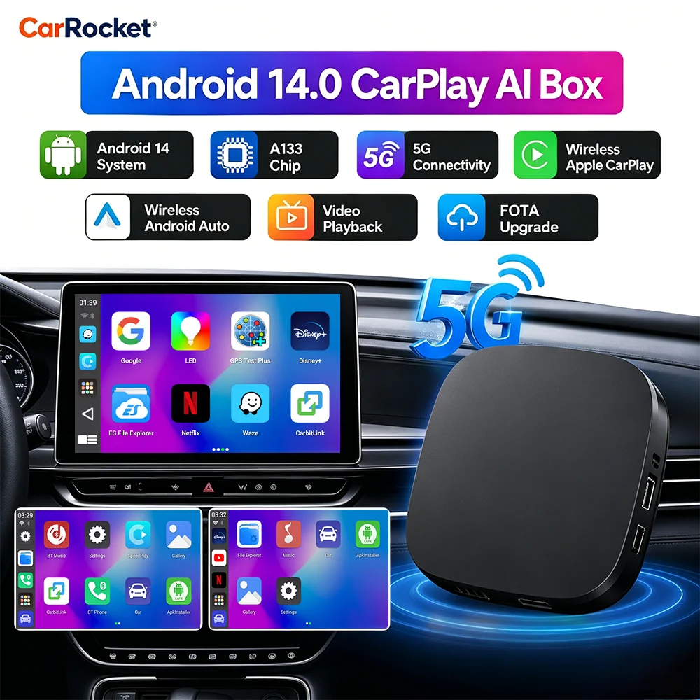 2026 Android 14 CarPlay Ai Box CarRocket Adaptador USB Sem Fio 4 em 1 para Android Auto, Youtube, Netflix, Caixa de TV Universal Plug and Play
