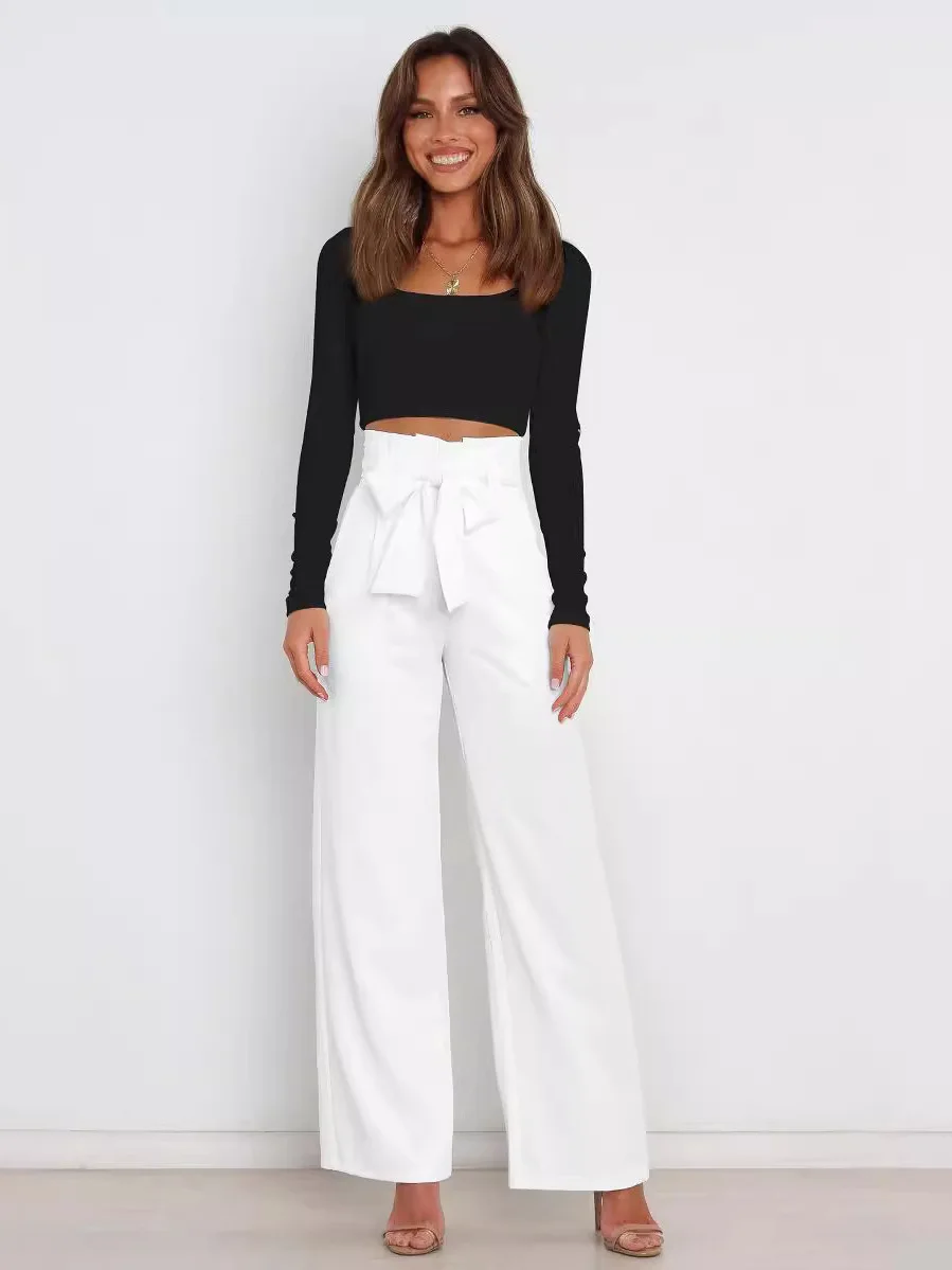 

Casual Wide Leg Pants for Women Lace up Pure Color High Waist Long Trousers Faionable Loose Fit Fem Apparel