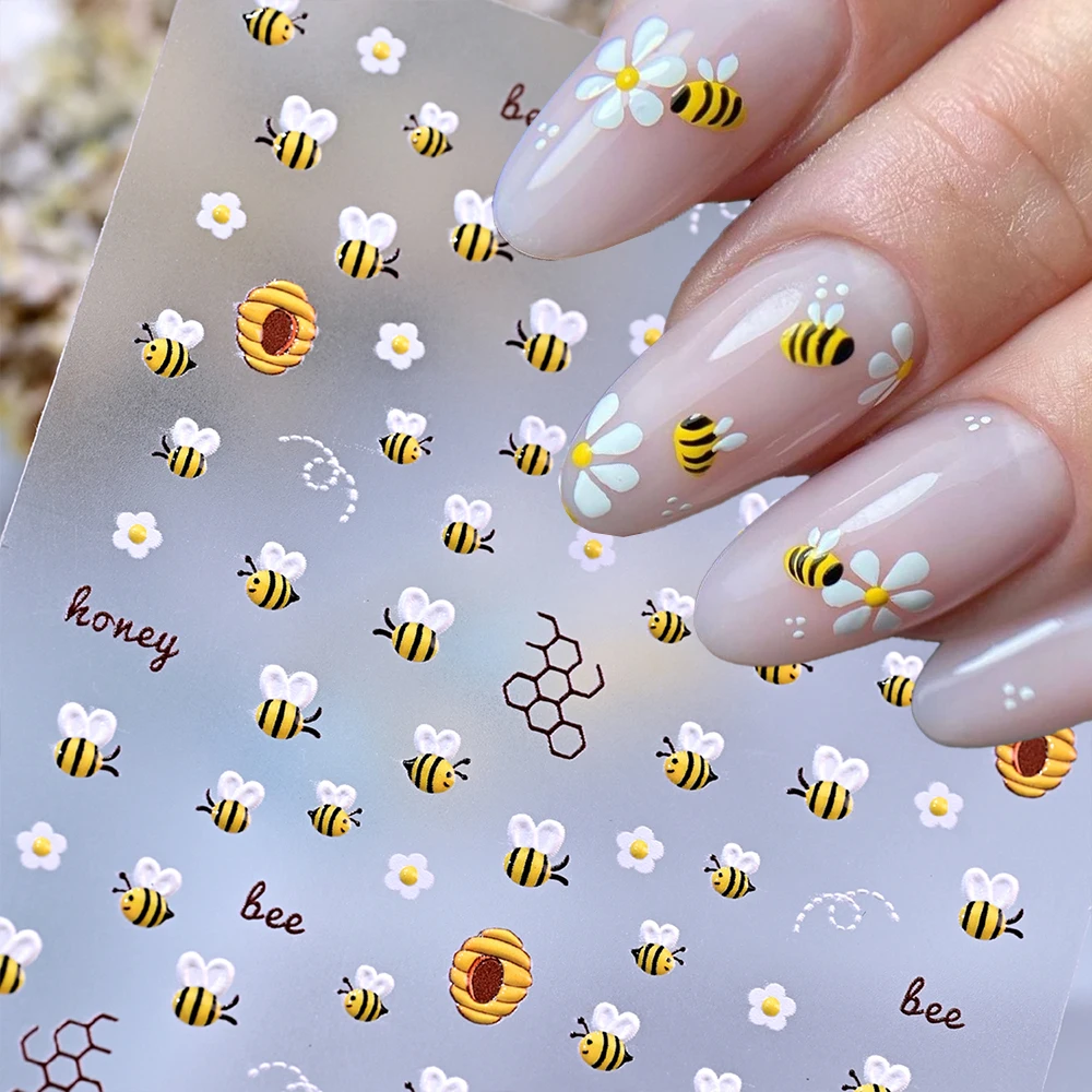 5D Embossed Cute Bee Daisy Flower Nail Art Sticker Bee Pupae Five-Petals Blossom Ladybug Bee Insect Adhesive DIY Manicure Decals