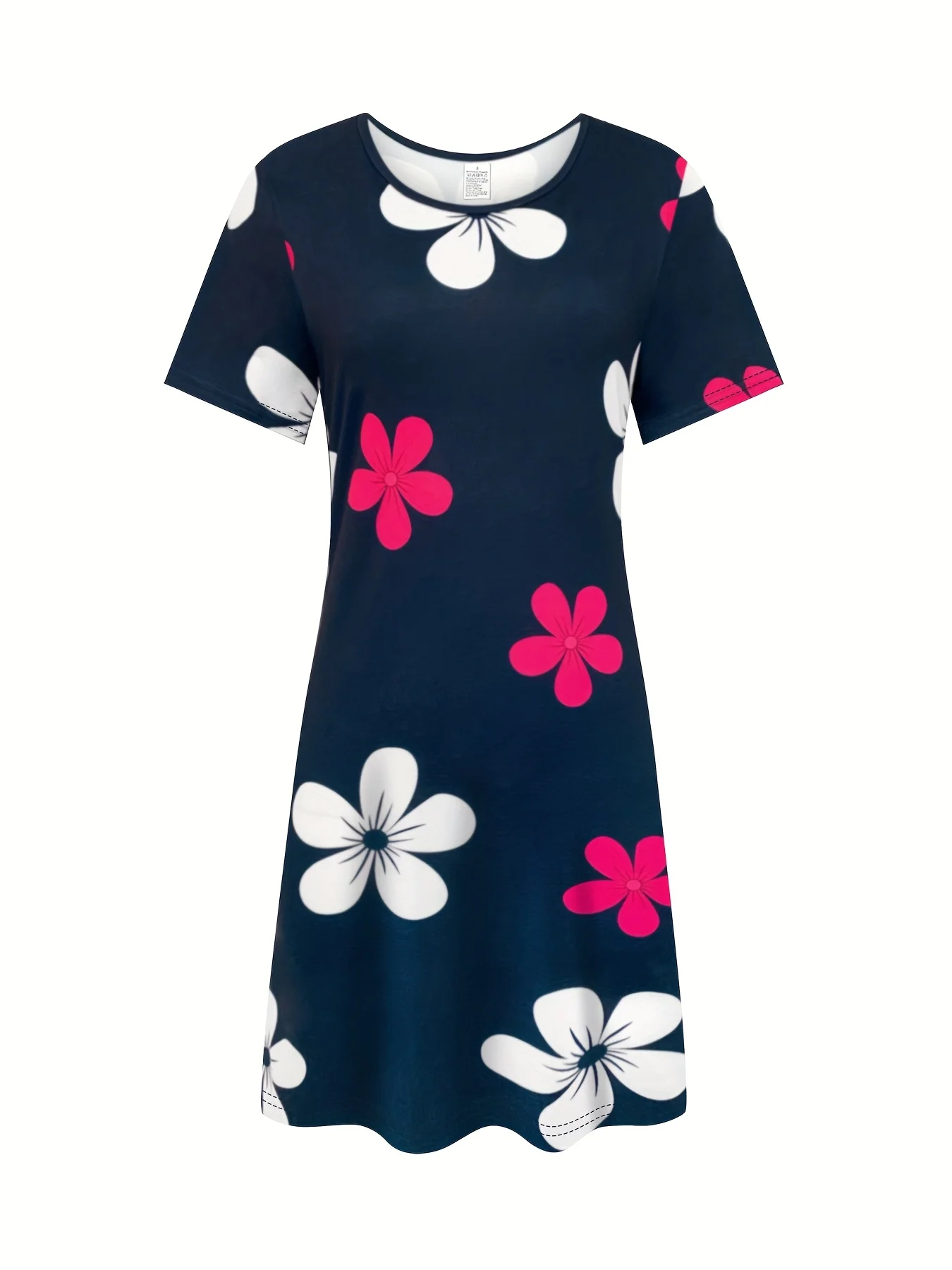 Lässiges T-Shirt-Kleid mit abstraktem Blumendruck für Damen, Marineblau mit rosa und weißem Kontrast-Trägerkleid, atmungsaktive Y2k-Damenkleidung