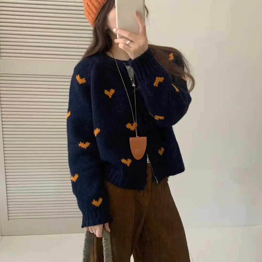 Korean Lovely Printed Woman Clothing New Slim Short Coat Spring Autumn Cardigan Sweater For Women Knitwear Jacket Female Tops