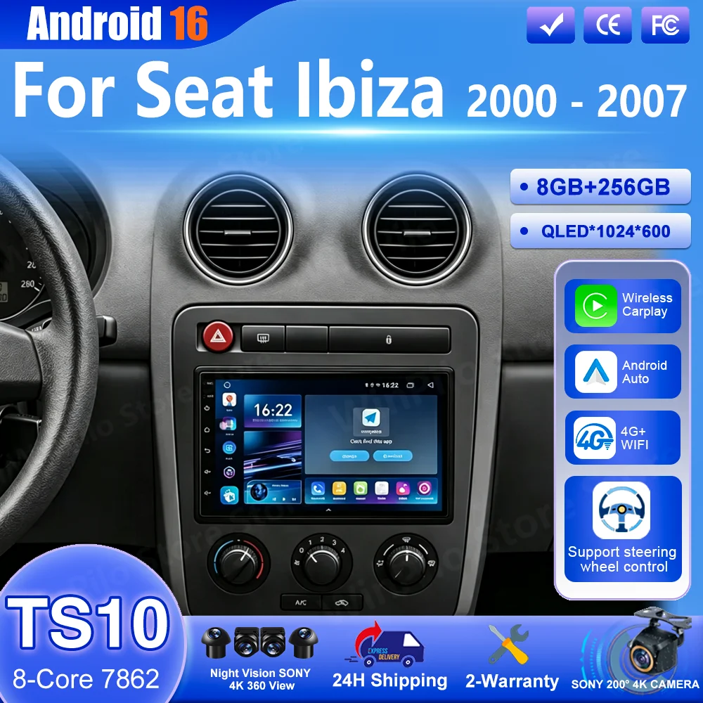 Android 16 Car Radio For Seat Ibiza 2000 2001 2002 2003 2004 2005 2006 2007 Auto Multimedia Player CarPlay GPS Navigation Stereo