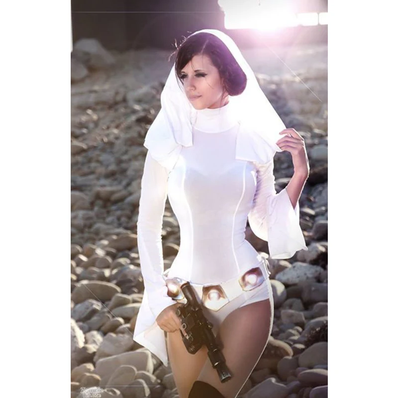 

Белый костюм принцессы Леи на заказ, платье с открытыми плечами для девочек, женское сексуальное тонкое боди, комбинезон на Хэллоуин, Cos