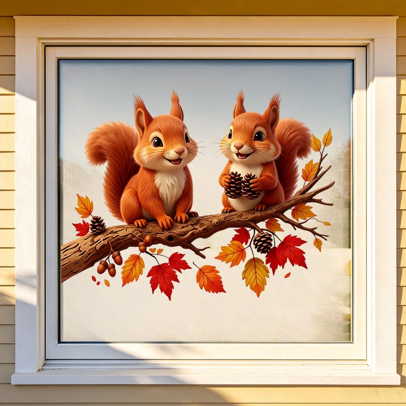 1pc Autumn squirrel Sticker,suitable for cabinet,glass doors,windows,wall decor,holiday decoration,freely DIY combination